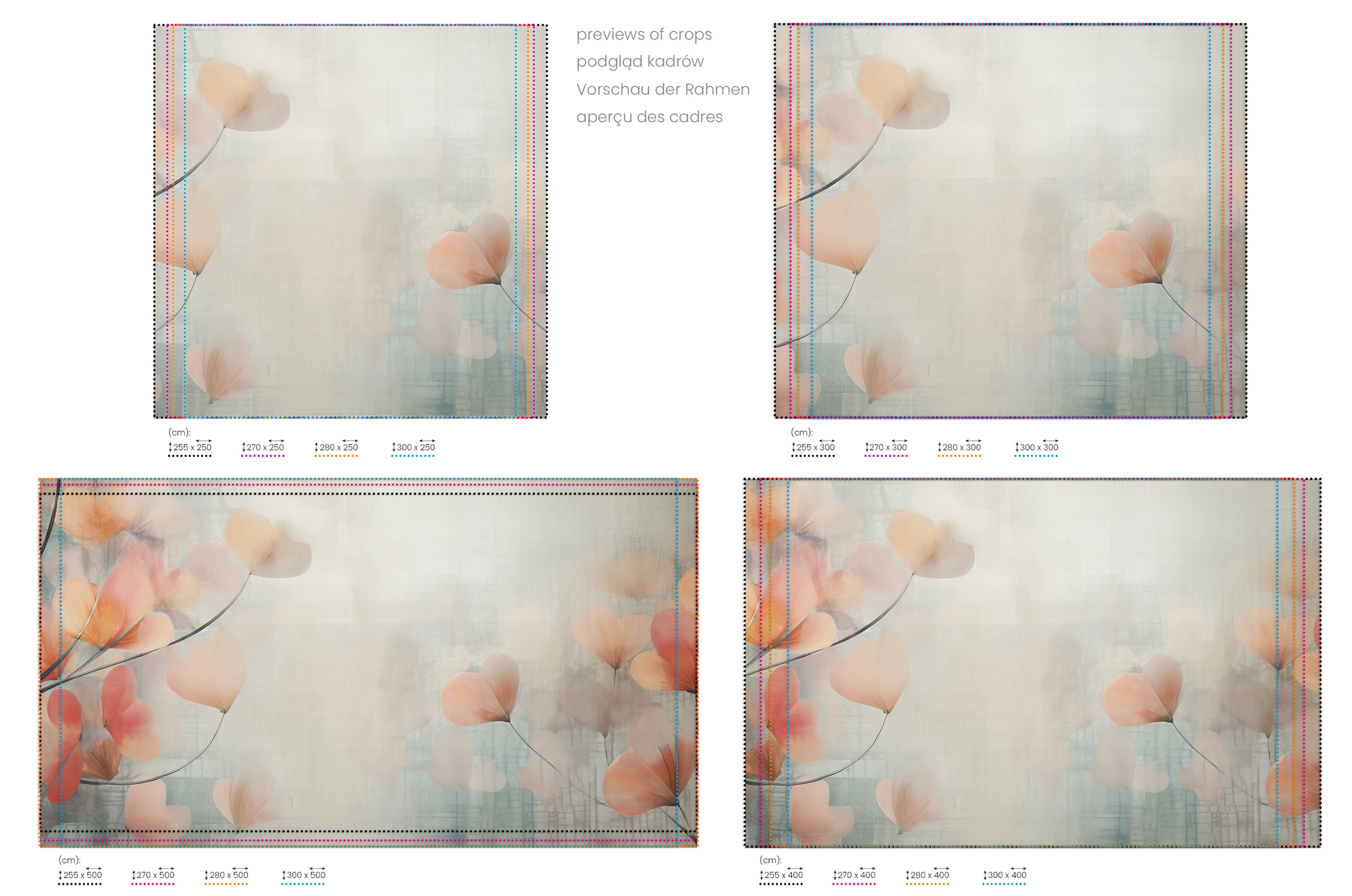 Na obrazie znajduje się prezentacja przykładowych rozmiarów fototapety o nazwie Abstract Blossom Art. Rozmiar fototapety jest dowolny.