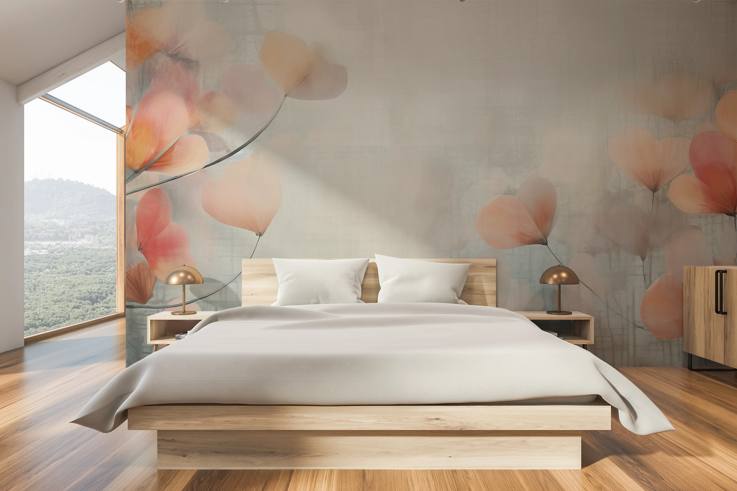 Wzór fototapety malowanej o nazwie Abstract Blossom Art pokazanej w aranżacji wnętrza.