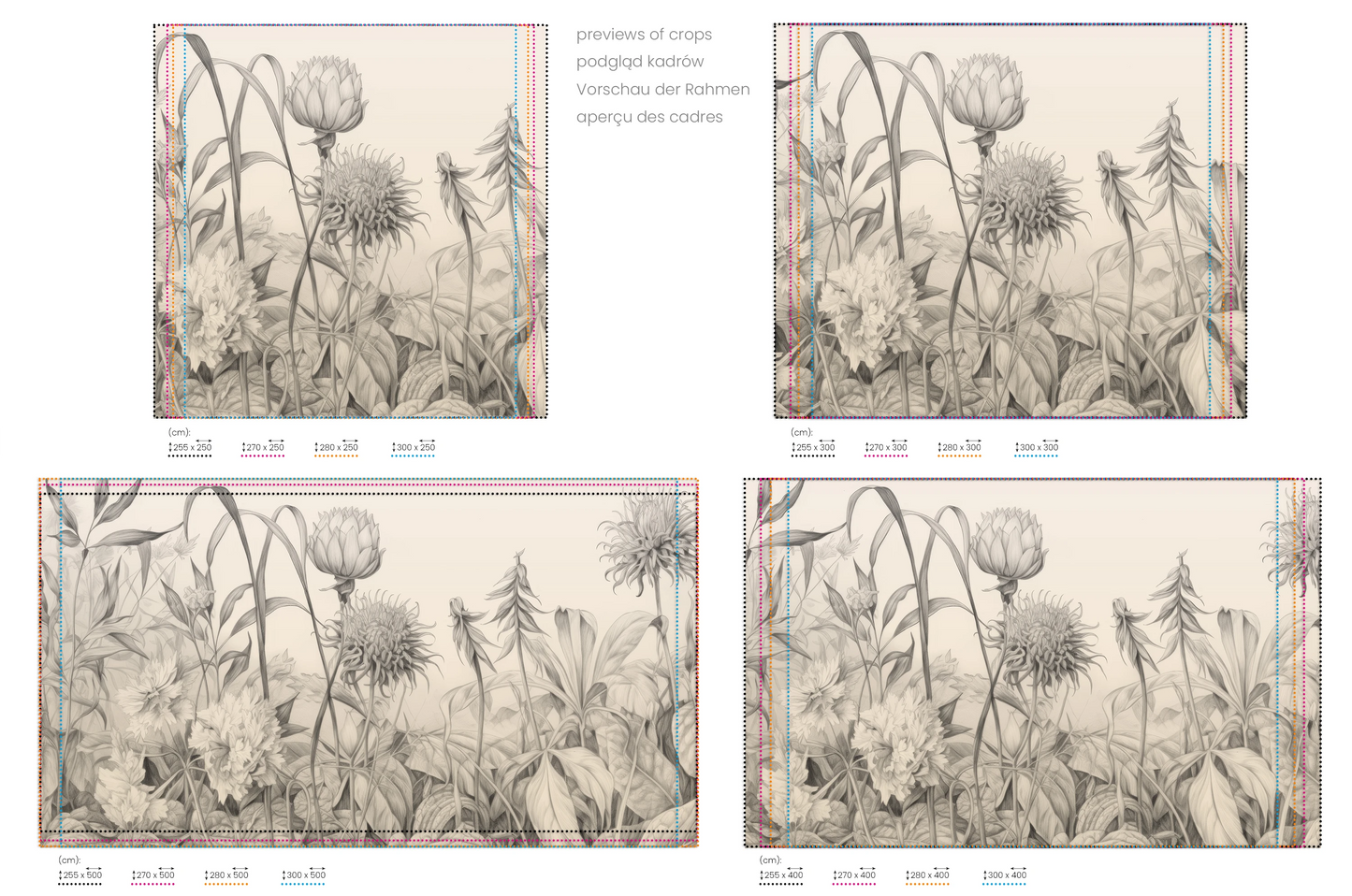 Na obrazie znajduje się prezentacja przykładowych rozmiarów fototapety o nazwie Botanical Elegance. Rozmiar fototapety jest dowolny.