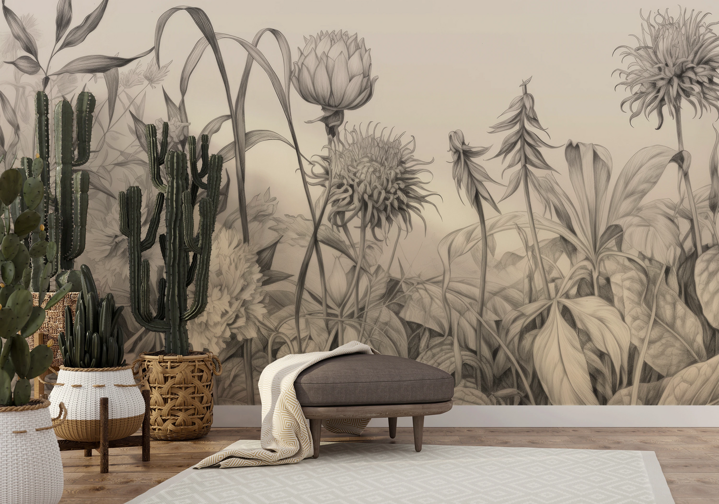Fototapeta artystyczna o nazwie Botanical Elegance pokazana w aranżacji wnętrza.