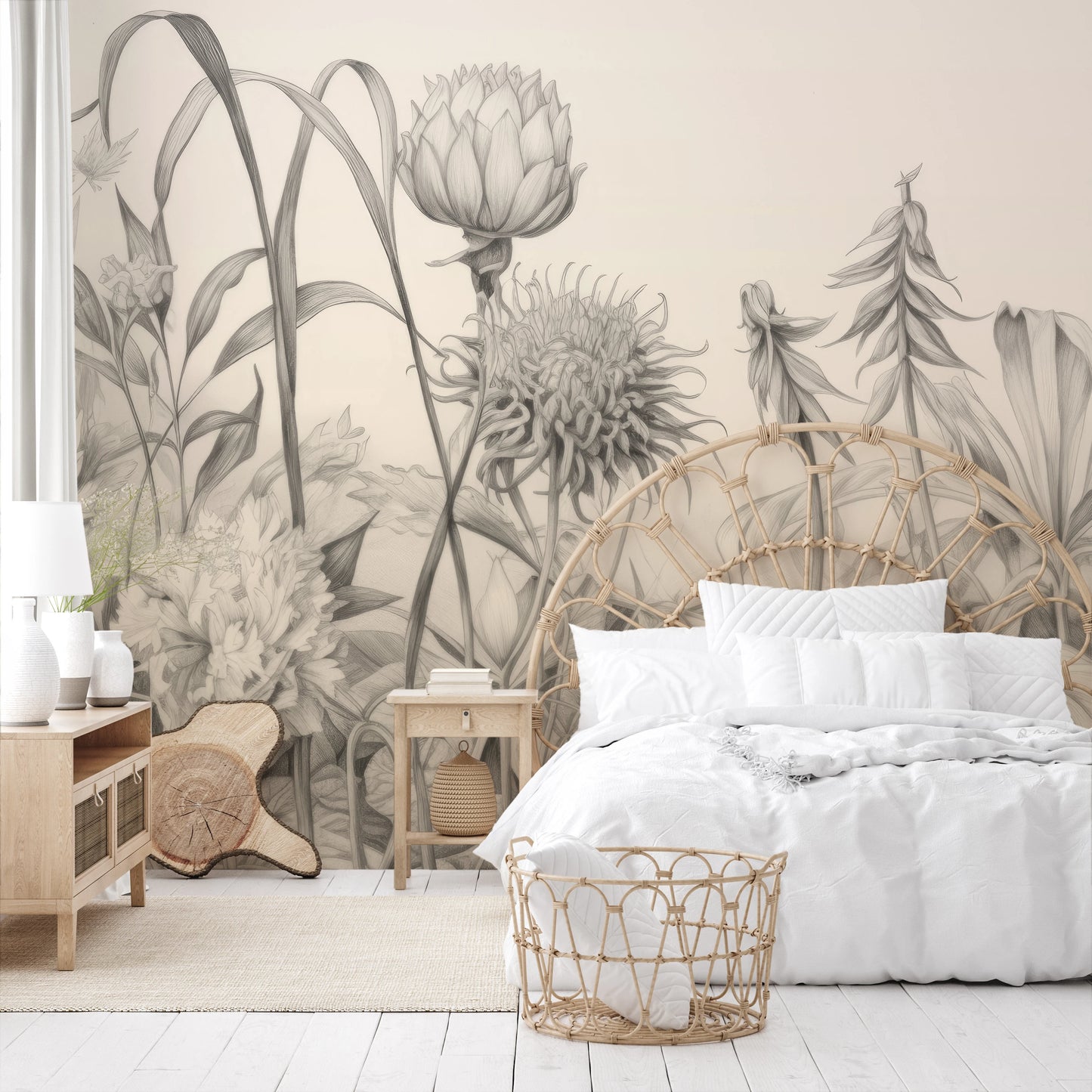 Wzór fototapety malowanej o nazwie Botanical Elegance pokazanej w aranżacji wnętrza.