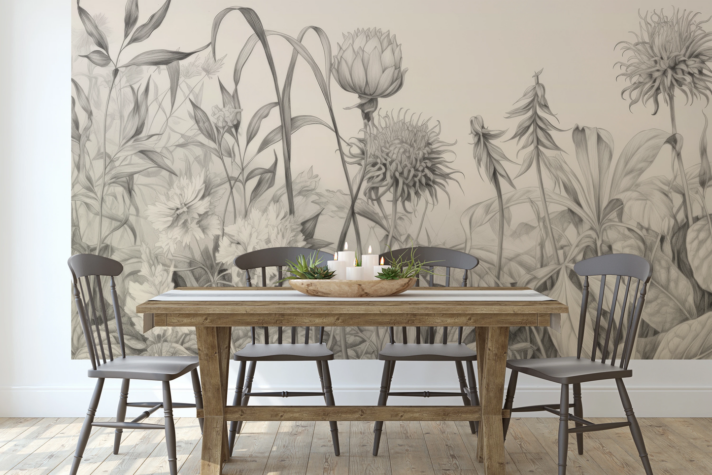 Wzór fototapety artystycznej o nazwie Botanical Elegance pokazanej w aranżacji wnętrza.