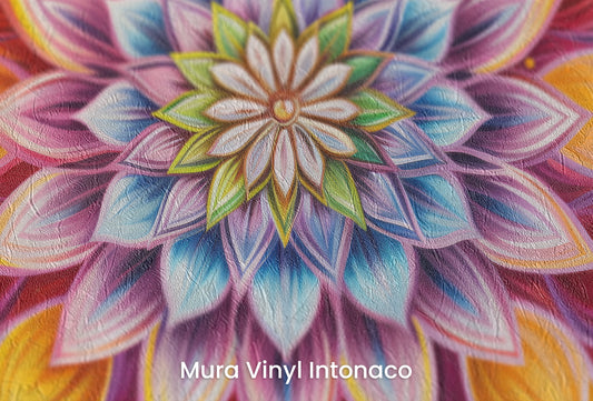 Zbliżenie na artystyczną fototapetę o nazwie Radiant Mandala na podłożu Mura Vinyl Intonaco - struktura tartego tynku.