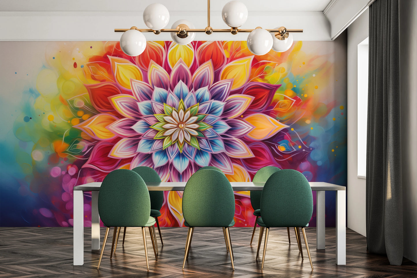 Wzór fototapety artystycznej o nazwie Radiant Mandala pokazanej w aranżacji wnętrza.