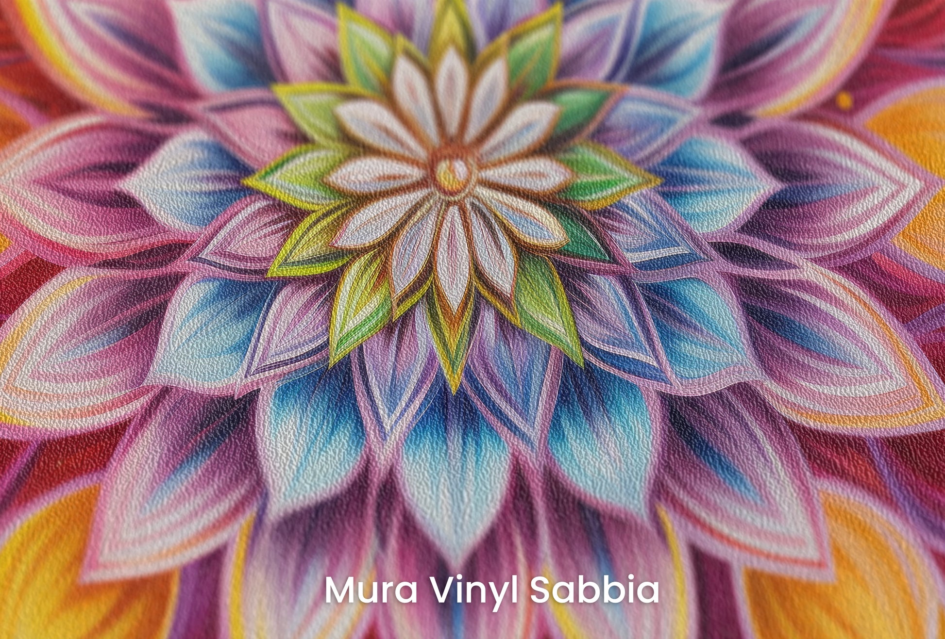 Zbliżenie na artystyczną fototapetę o nazwie Radiant Mandala na podłożu Mura Vinyl Sabbia struktura grubego ziarna piasku.