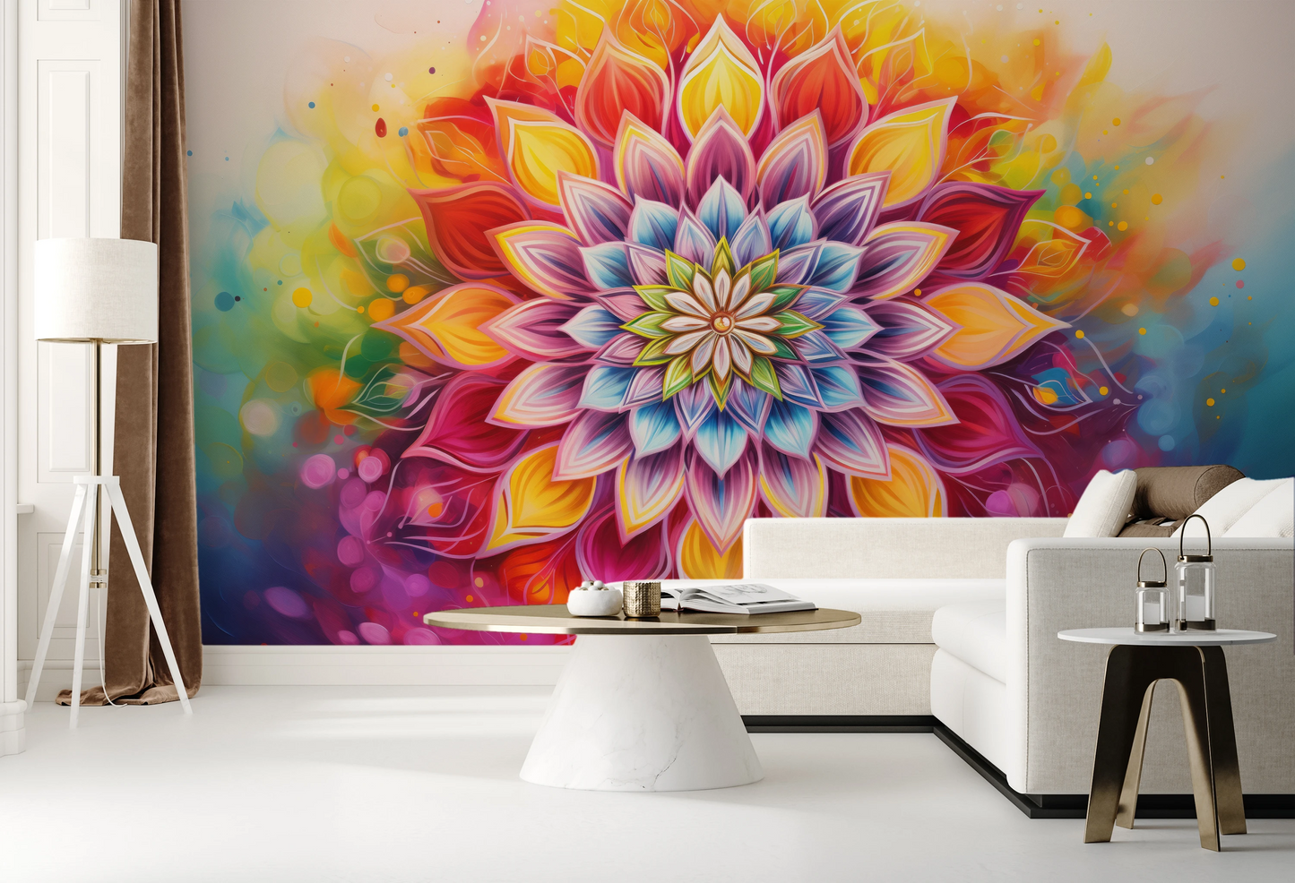 Wzór fototapety malowanej o nazwie Radiant Mandala pokazanej w aranżacji wnętrza.