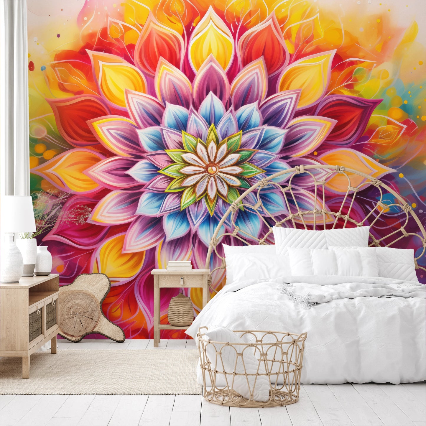 Fototapeta artystyczna o nazwie Radiant Mandala pokazana w aranżacji wnętrza.