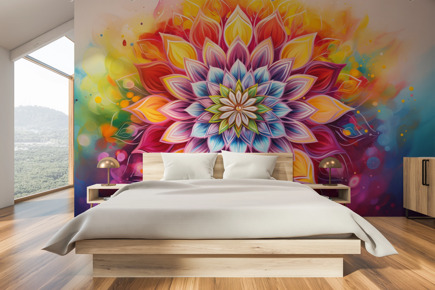 Wzór fototapety o nazwie Radiant Mandala pokazanej w kontekście pomieszczenia.