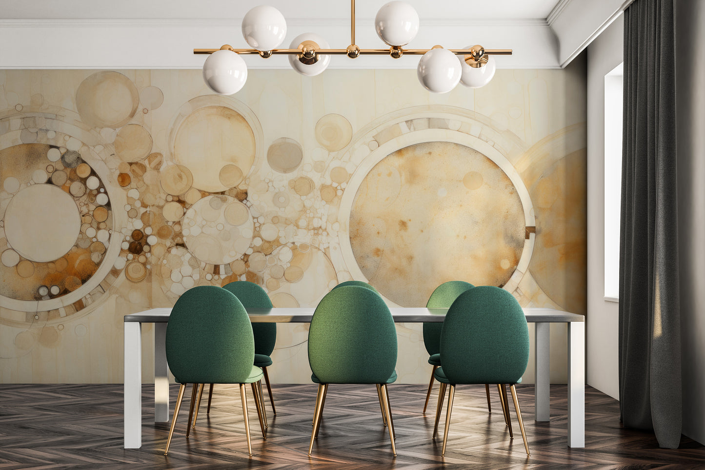 Fototapeta malowana o nazwie AMBER CIRCLES ABSTRACTION pokazana w aranżacji wnętrza.