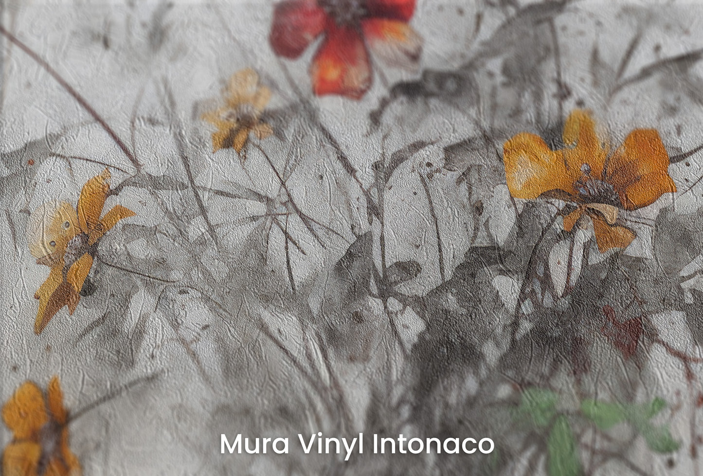Zbliżenie na artystyczną fototapetę o nazwie RUSTIC BLOOMS OF VITALITY na podłożu Mura Vinyl Intonaco - struktura tartego tynku.