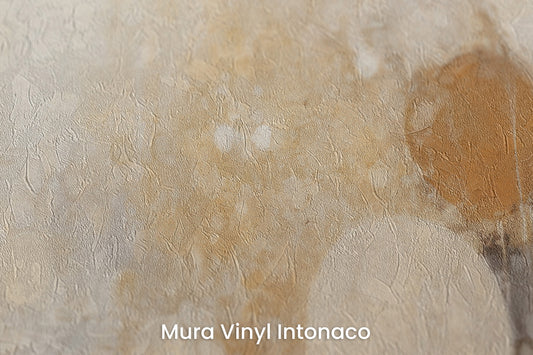 Zbliżenie na artystyczną fototapetę o nazwie DAWN HAZE ORBS na podłożu Mura Vinyl Intonaco - struktura tartego tynku.