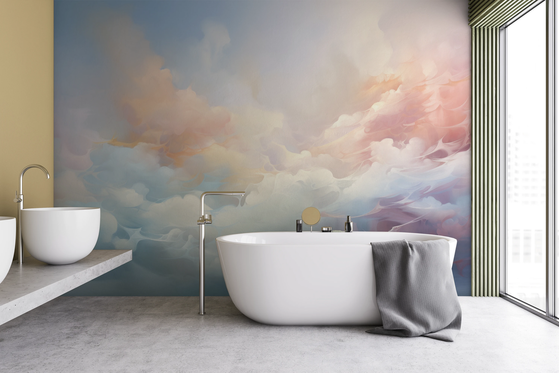 Zdjęcie prezentuje aranżację wnętrza z użyciem fototapety o nazwie Misty Pastels pokazanej w aranżacji wnętrza.