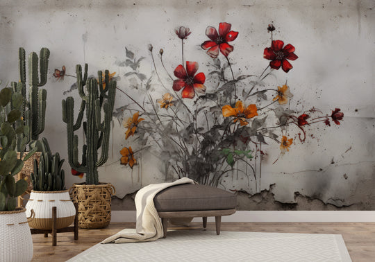 Wzór fototapety artystycznej o nazwie RUSTIC BLOOMS OF VITALITY pokazanej w aranżacji wnętrza.