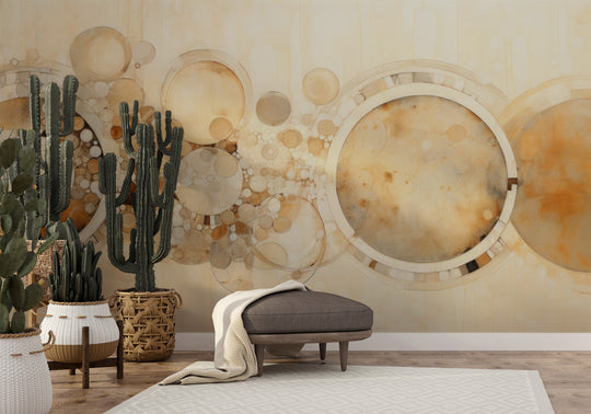 Wzór fototapety artystycznej o nazwie AMBER CIRCLES ABSTRACTION pokazanej w aranżacji wnętrza.