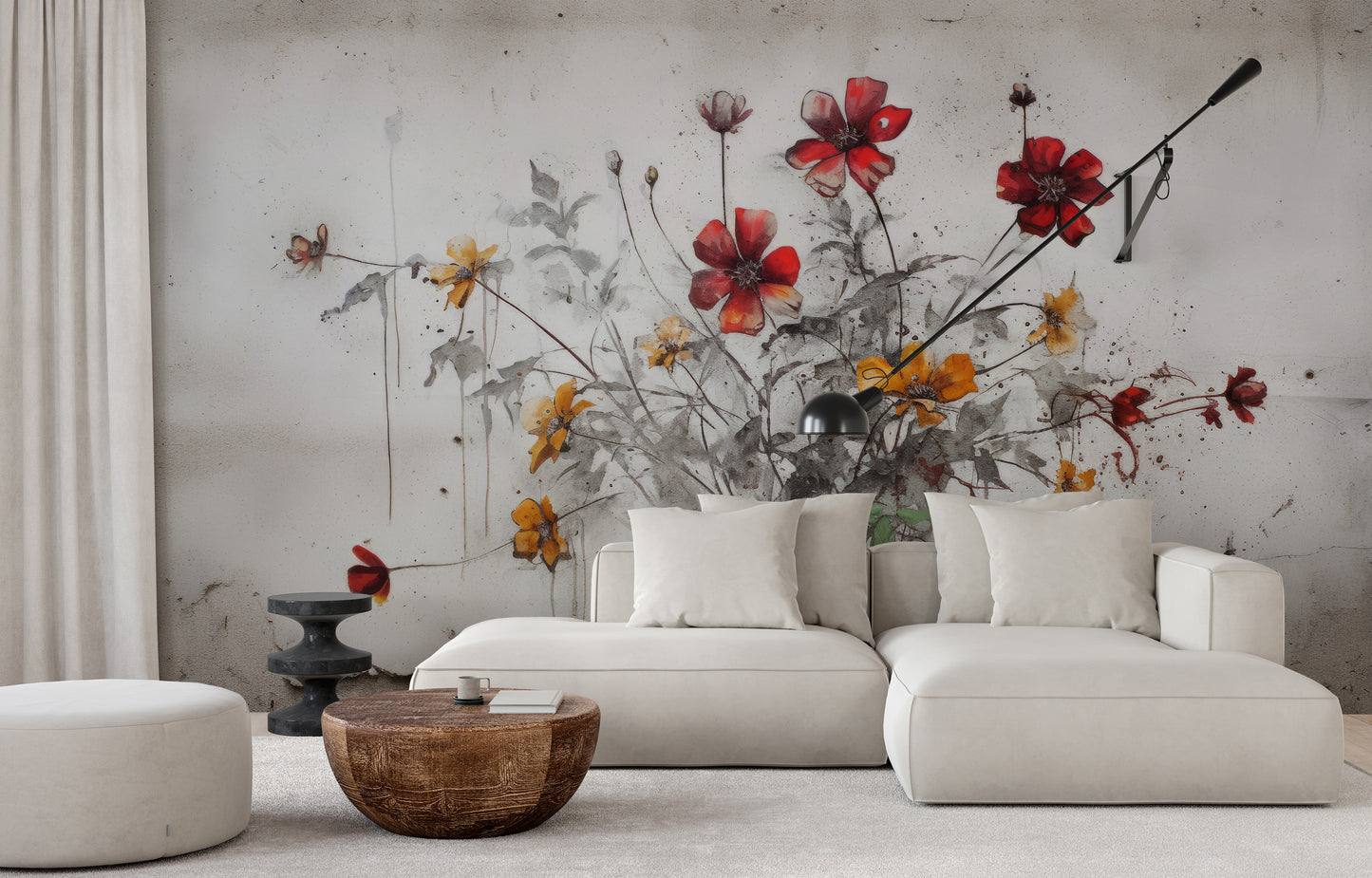 Wzór fototapety artystycznej o nazwie RUSTIC BLOOMS OF VITALITY pokazanej w aranżacji wnętrza.