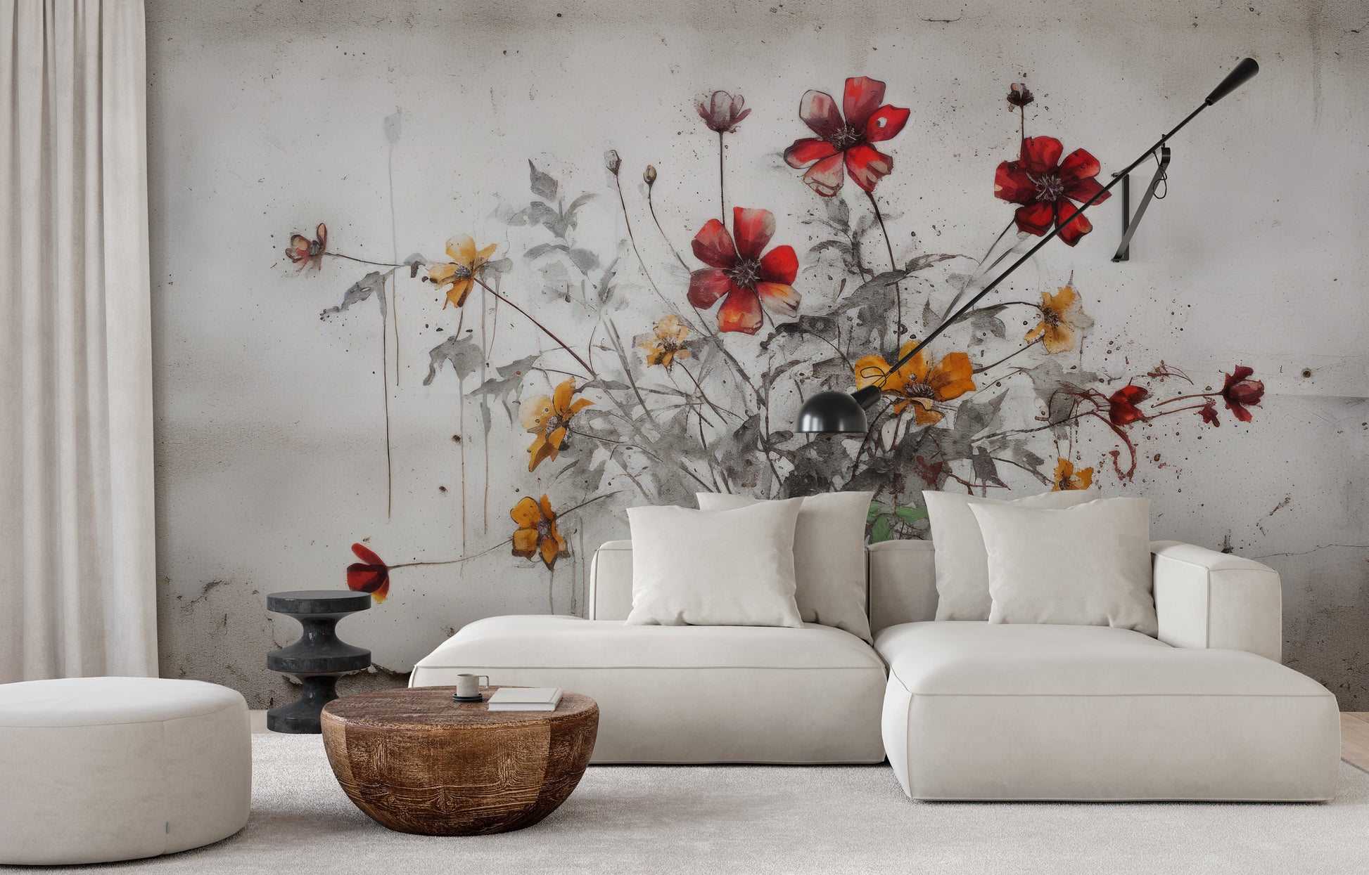Wzór fototapety artystycznej o nazwie RUSTIC BLOOMS OF VITALITY pokazanej w aranżacji wnętrza.