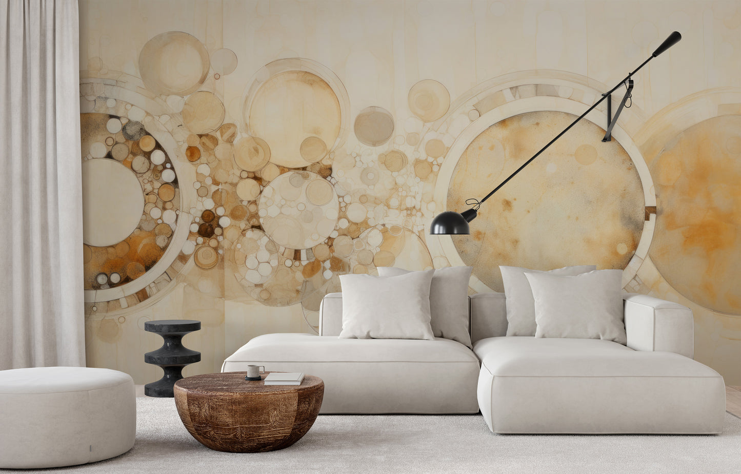 Fototapeta artystyczna o nazwie AMBER CIRCLES ABSTRACTION pokazana w aranżacji wnętrza.