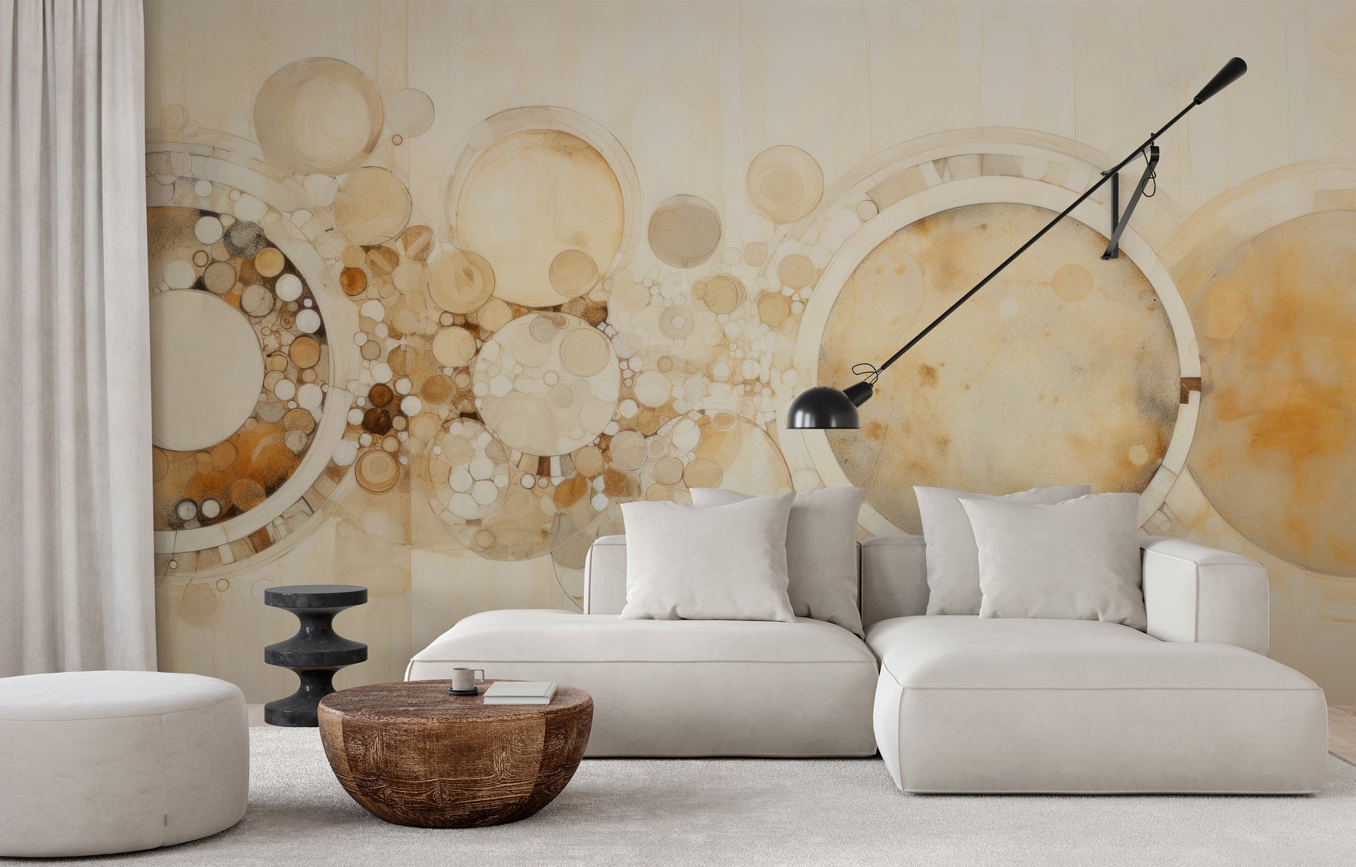 Fototapeta artystyczna o nazwie AMBER CIRCLES ABSTRACTION pokazana w aranżacji wnętrza.