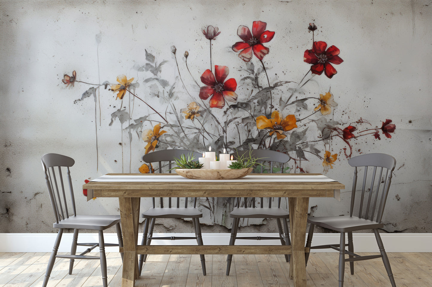 Wzór fototapety o nazwie RUSTIC BLOOMS OF VITALITY pokazanej w kontekście pomieszczenia.