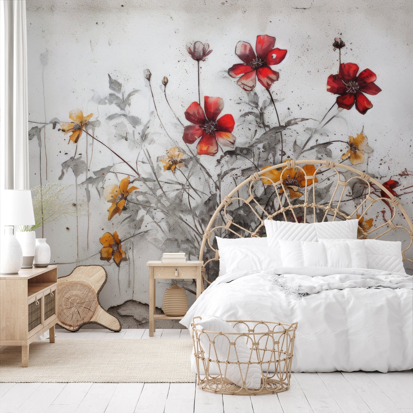 Wzór fototapety malowanej o nazwie RUSTIC BLOOMS OF VITALITY pokazanej w aranżacji wnętrza.