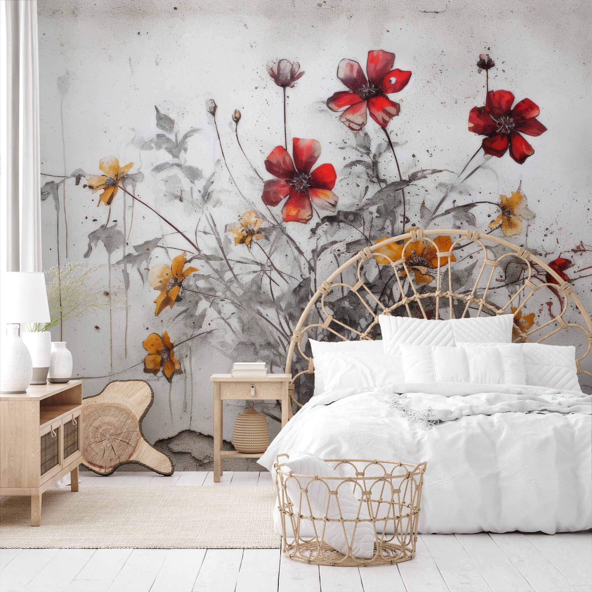 Wzór fototapety malowanej o nazwie RUSTIC BLOOMS OF VITALITY pokazanej w aranżacji wnętrza.