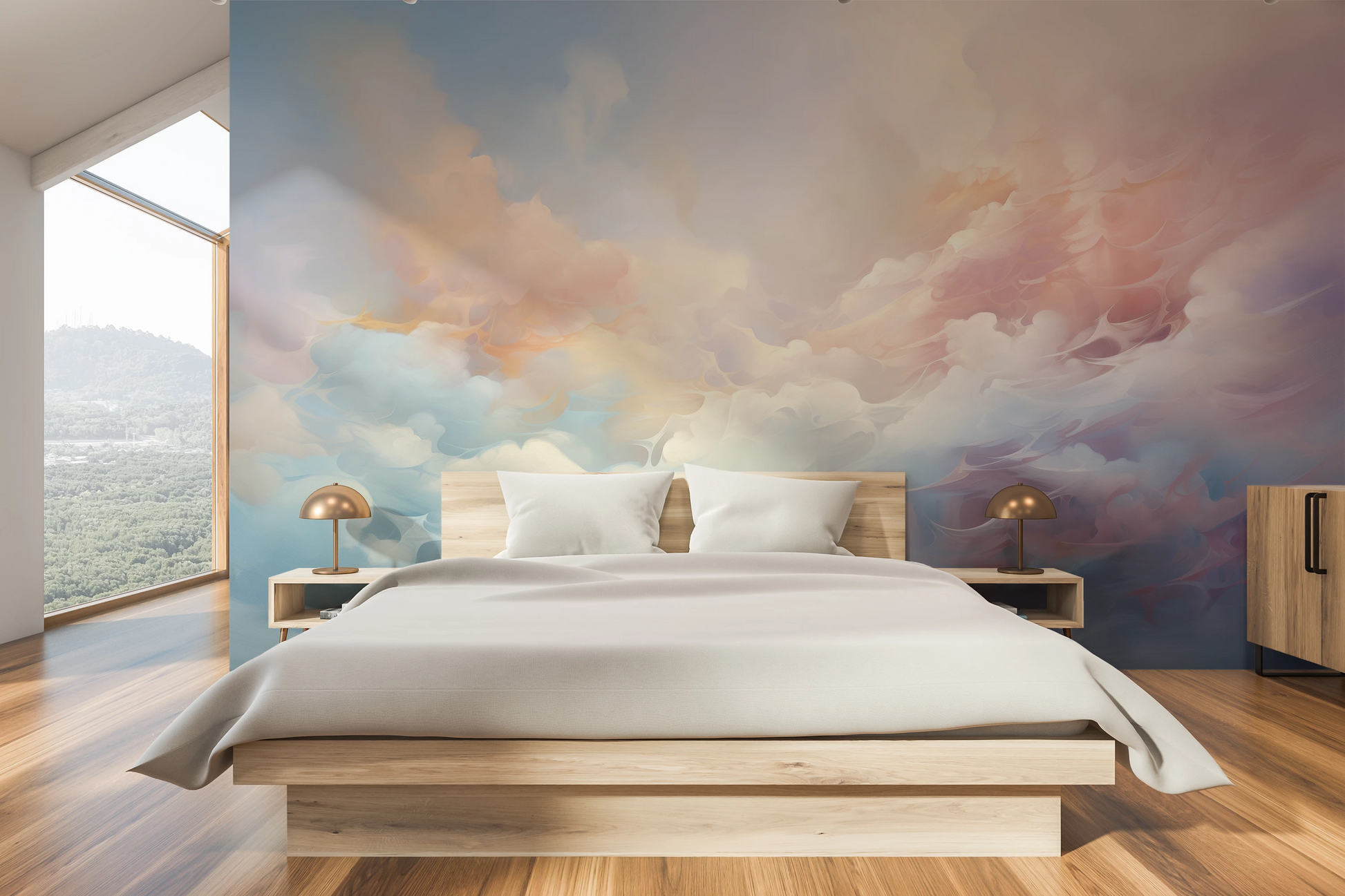 Wzór fototapety artystycznej o nazwie Misty Pastels pokazanej w aranżacji wnętrza.