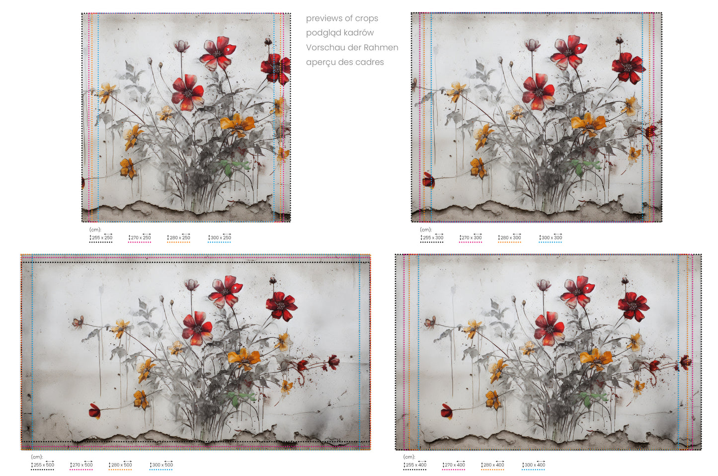 Na obrazie znajduje się prezentacja przykładowych rozmiarów fototapety o nazwie RUSTIC BLOOMS OF VITALITY. Rozmiar fototapety jest dowolny.