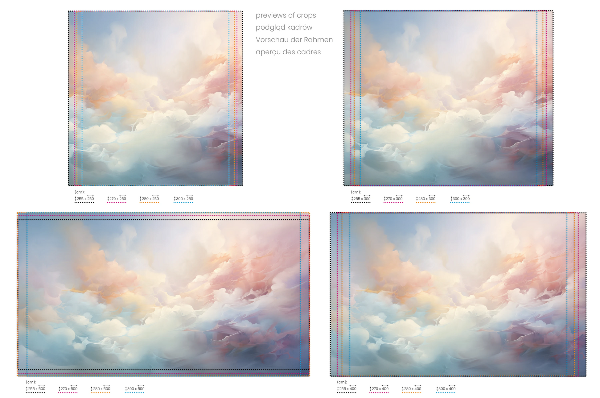 Na obrazie znajduje się prezentacja przykładowych rozmiarów fototapety o nazwie Misty Pastels. Rozmiar fototapety jest dowolny.