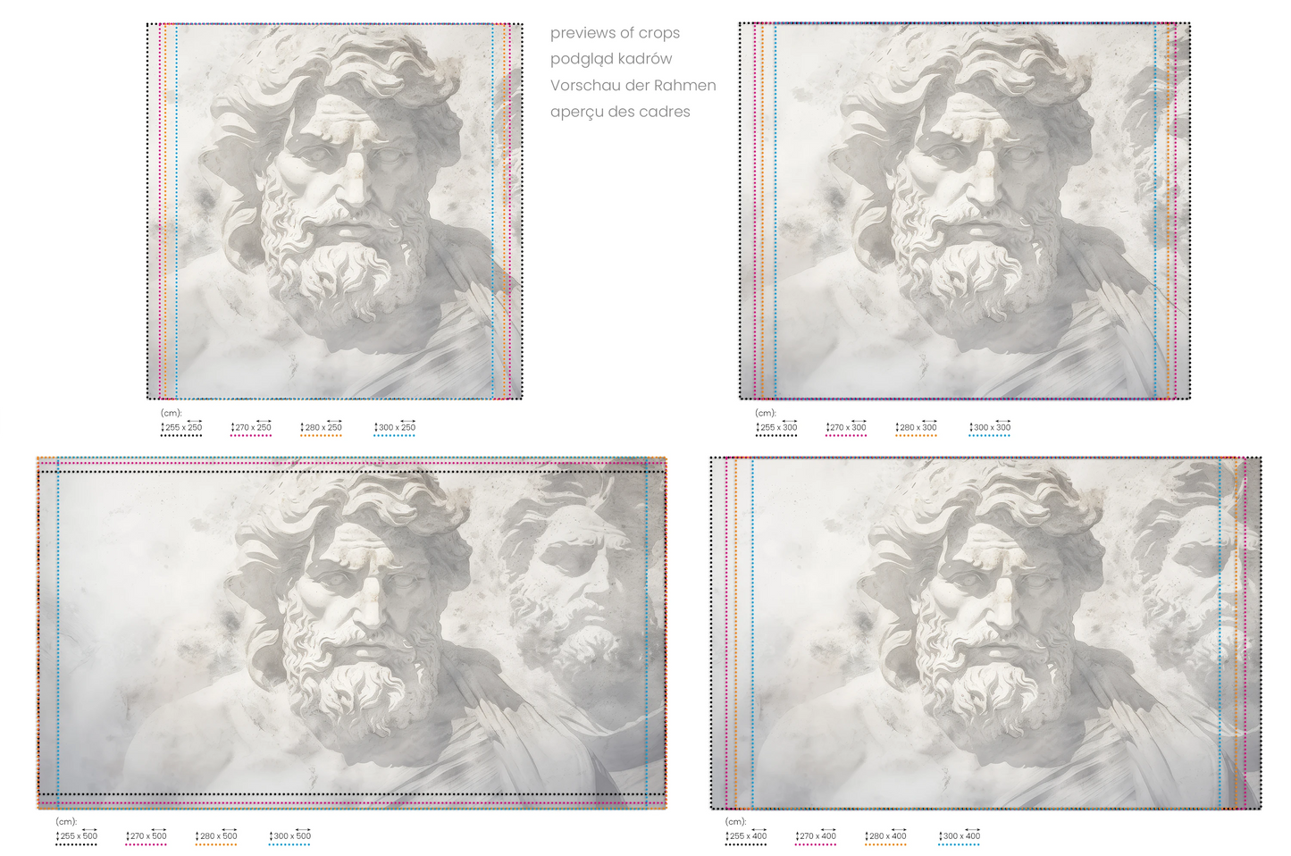 Na obrazie znajduje się prezentacja przykładowych rozmiarów fototapety o nazwie Mythical Echoes. Rozmiar fototapety jest dowolny.