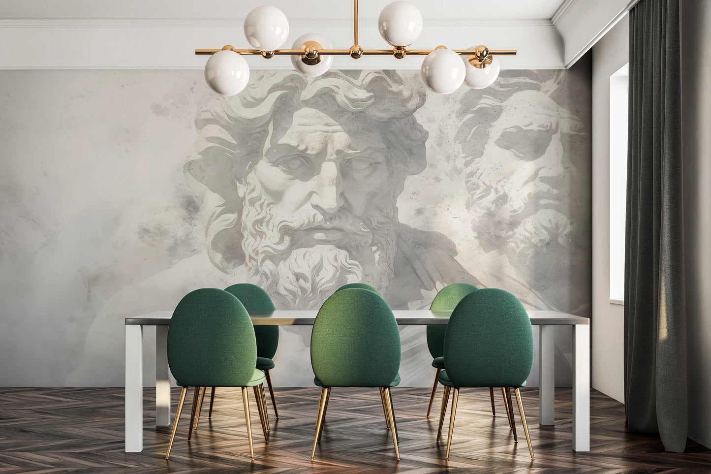 Fototapeta artystyczna o nazwie Mythical Echoes pokazana w aranżacji wnętrza.