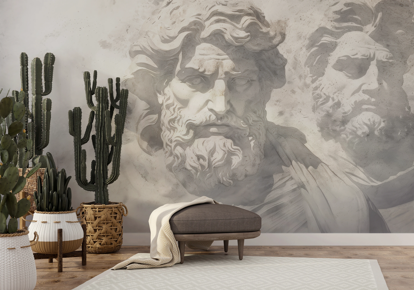 Zdjęcie prezentuje aranżację wnętrza z użyciem fototapety o nazwie Mythical Echoes pokazanej w aranżacji wnętrza.