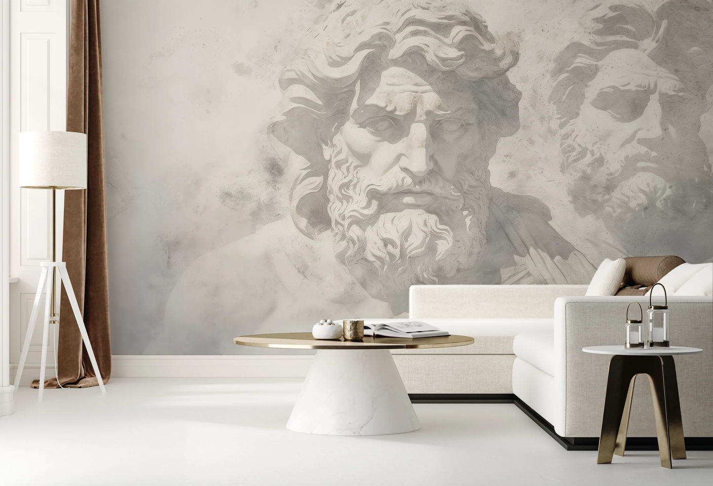 Wzór fototapety malowanej o nazwie Mythical Echoes pokazanej w aranżacji wnętrza.