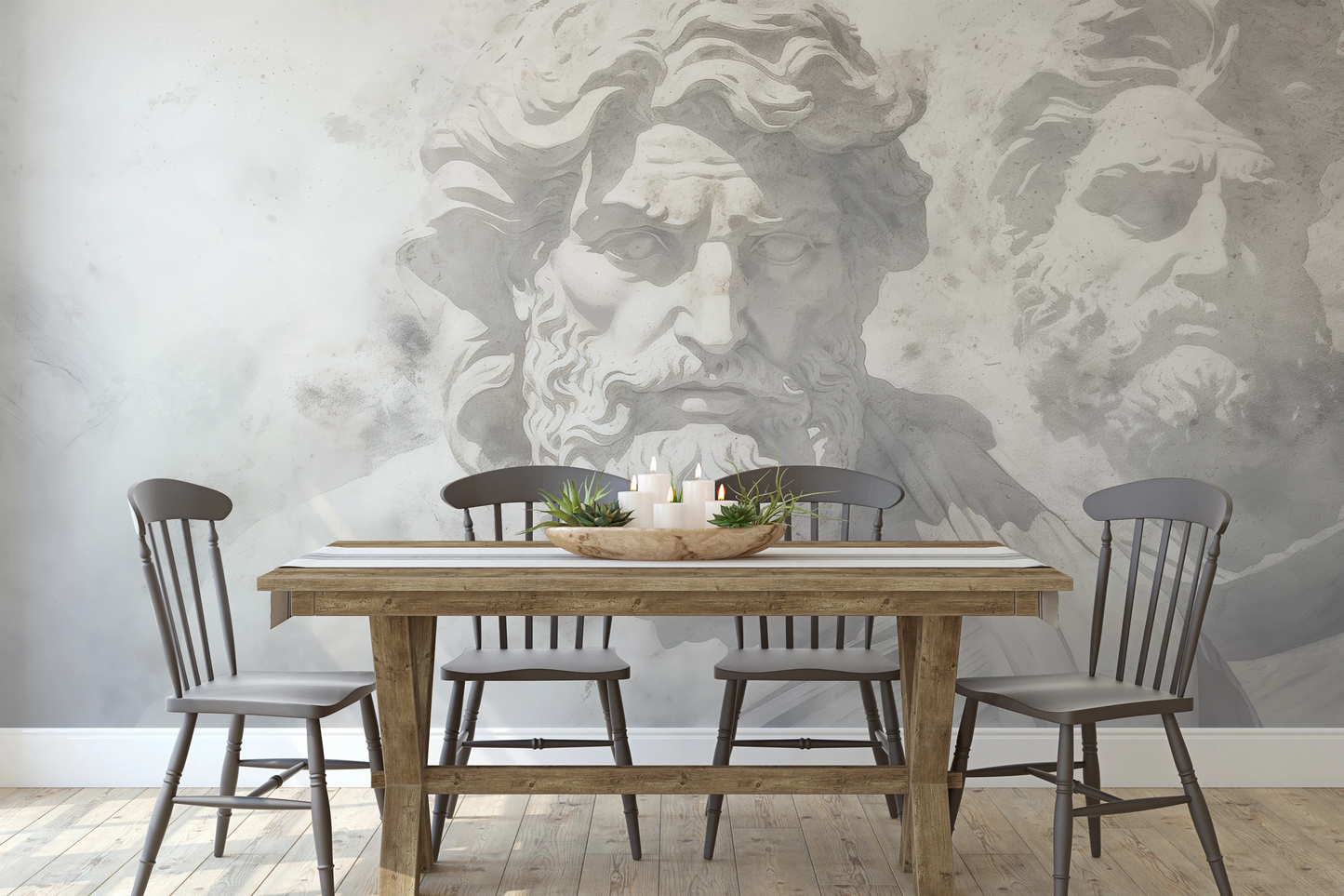 Wzór fototapety artystycznej o nazwie Mythical Echoes pokazanej w aranżacji wnętrza.