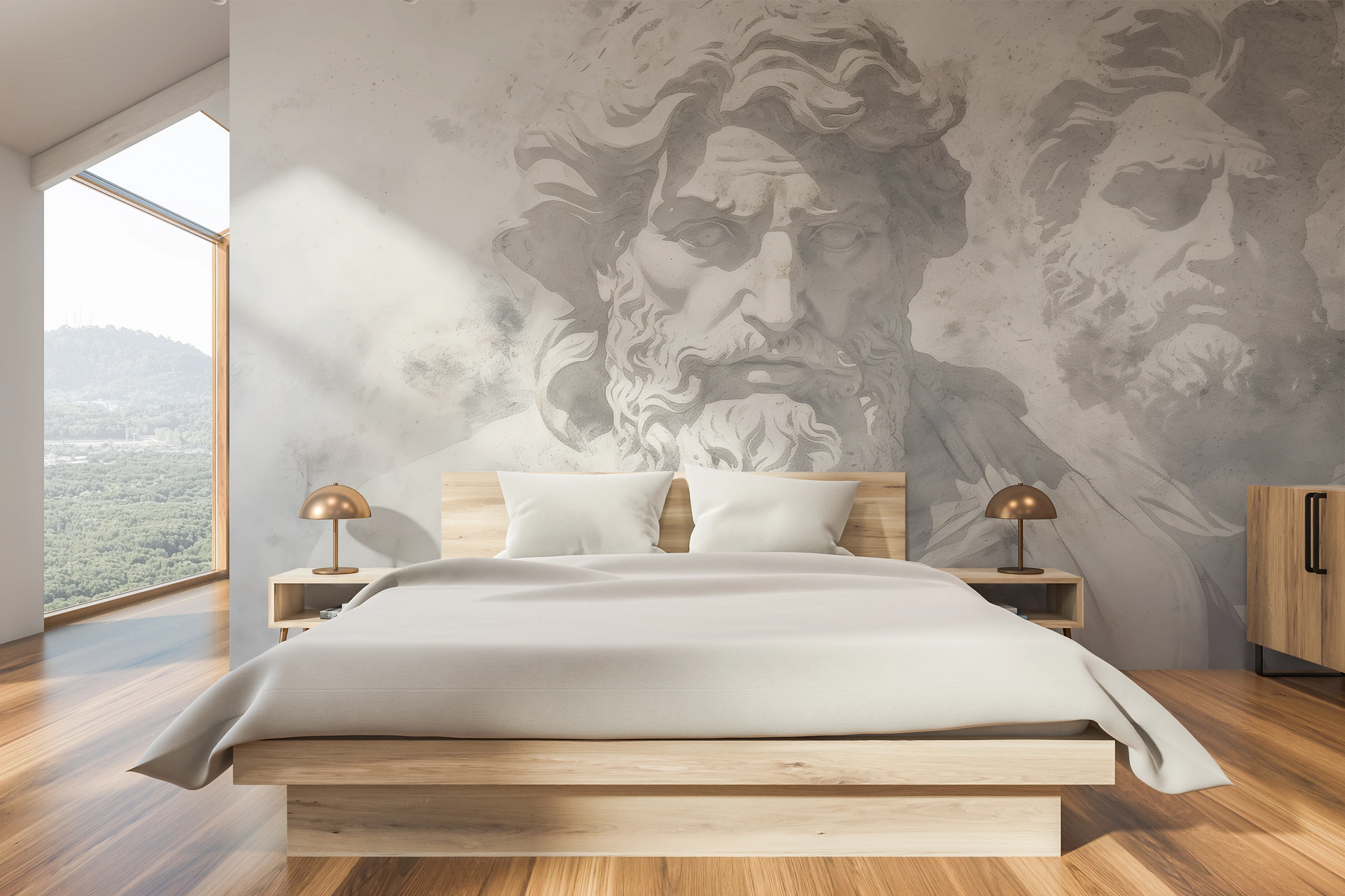 Wzór fototapety artystycznej o nazwie Mythical Echoes pokazanej w aranżacji wnętrza.