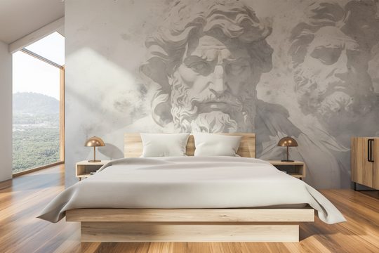 Wzór fototapety artystycznej o nazwie Mythical Echoes pokazanej w aranżacji wnętrza.