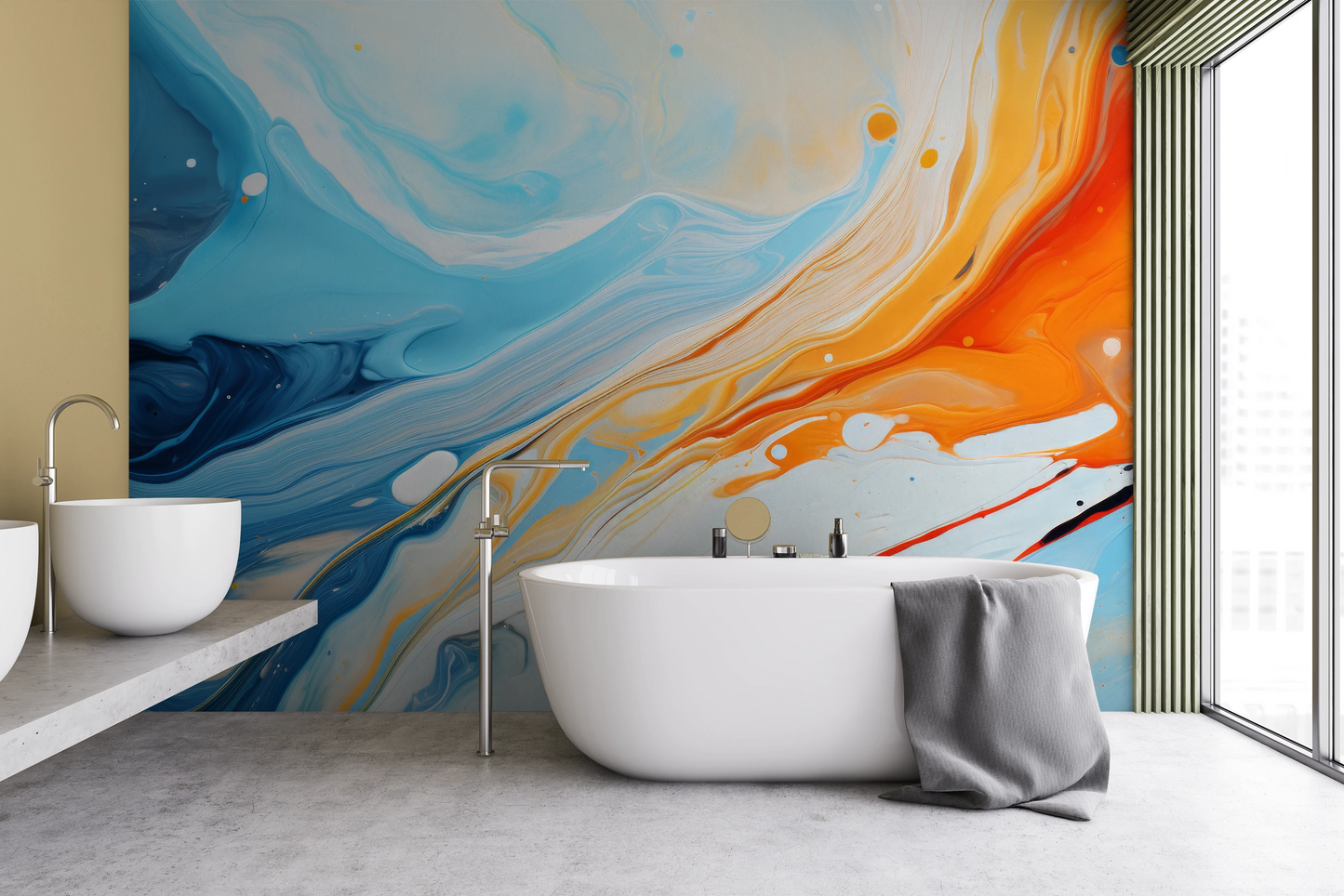 Zdjęcie prezentuje aranżację wnętrza z użyciem fototapety o nazwie Saturn's Serenity pokazanej w aranżacji wnętrza.