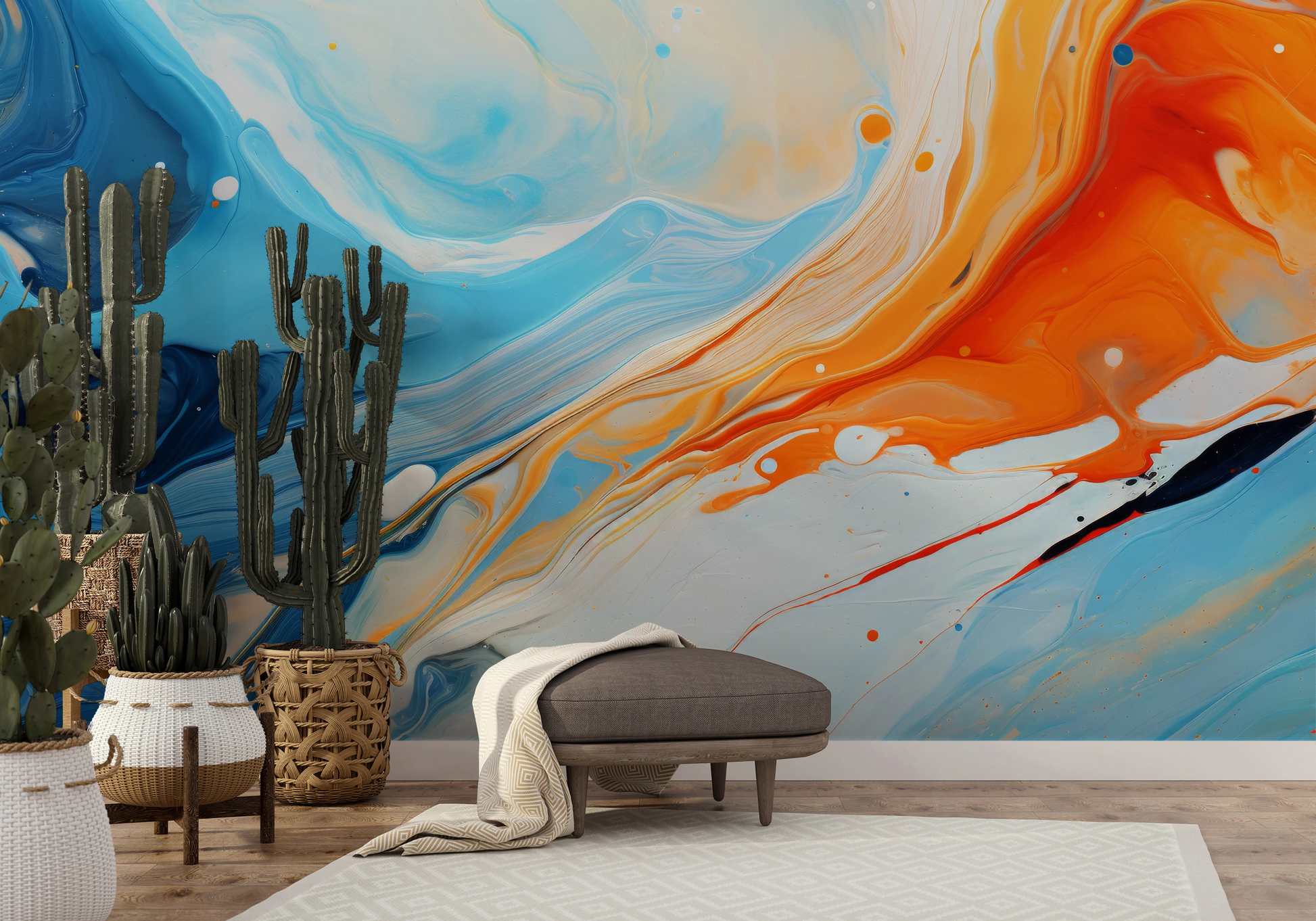 Wzór fototapety malowanej o nazwie Saturn's Serenity pokazanej w aranżacji wnętrza.