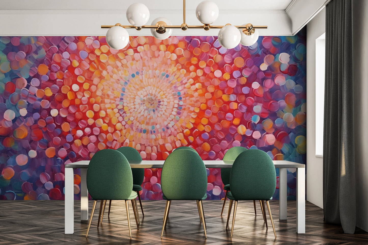 Wzór fototapety malowanej o nazwie Cosmic Burst pokazanej w aranżacji wnętrza.