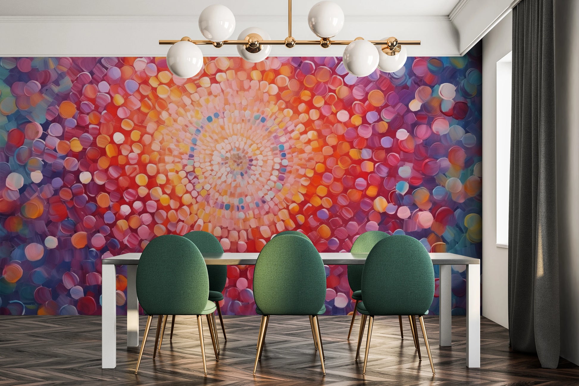 Wzór fototapety malowanej o nazwie Cosmic Burst pokazanej w aranżacji wnętrza.