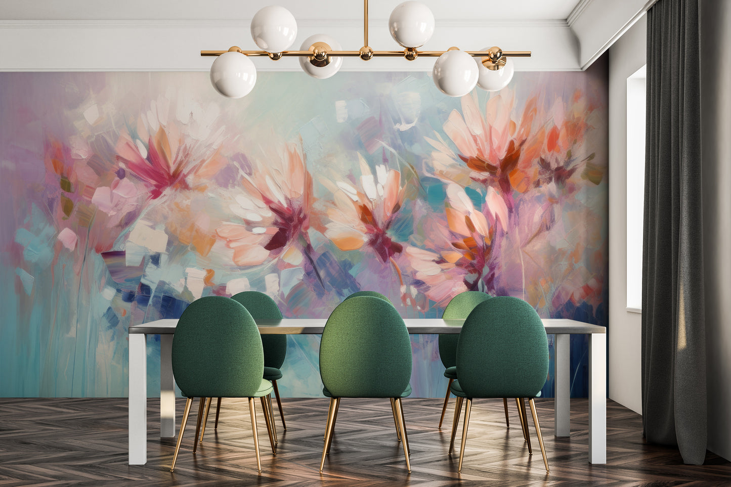 Wzór fototapety o nazwie Ethereal Blossom Dance pokazanej w kontekście pomieszczenia.