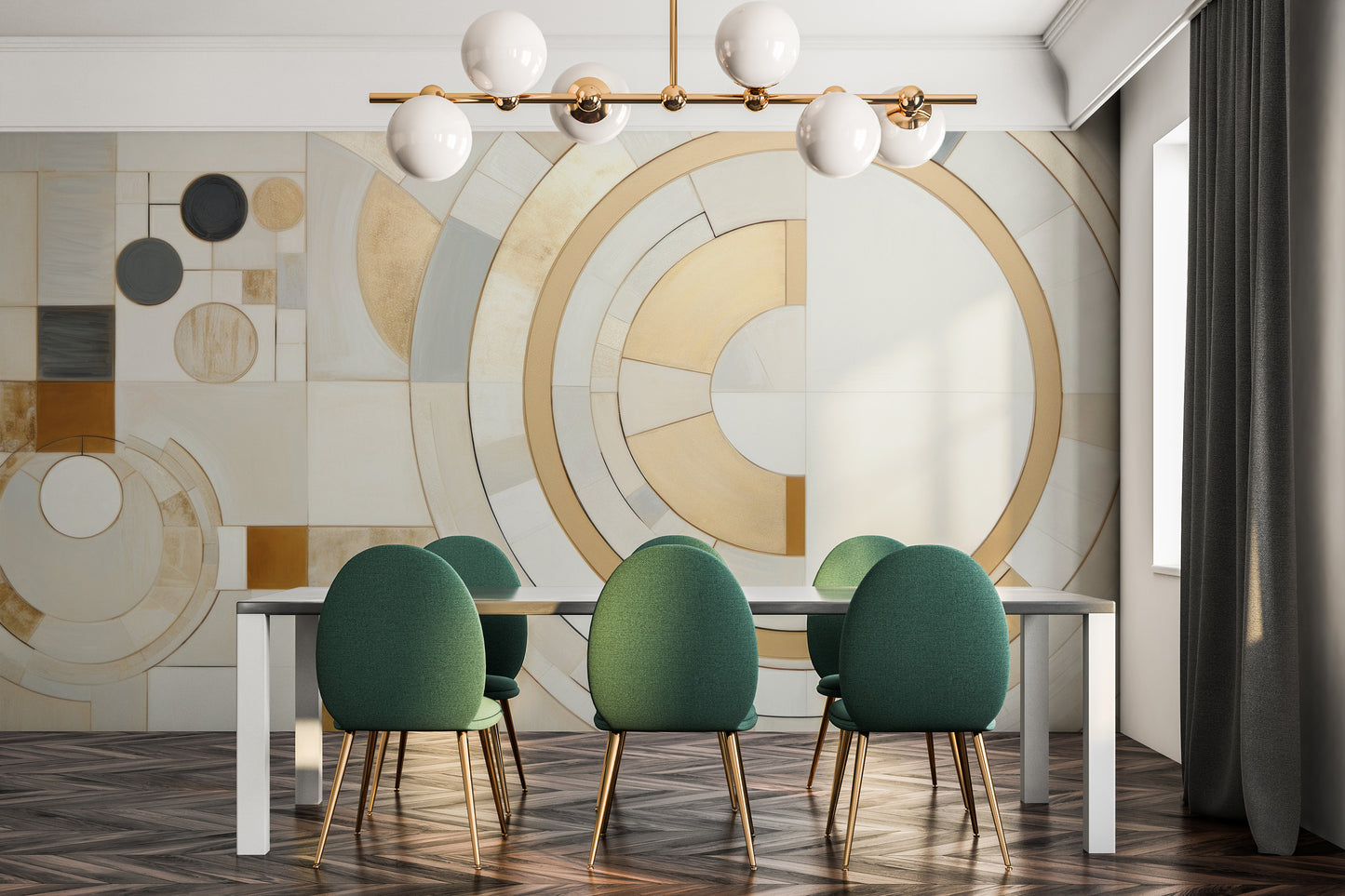 Wzór fototapety artystycznej o nazwie GEOMETRIC ELEGANCE IN MONOCHROME pokazanej w aranżacji wnętrza.