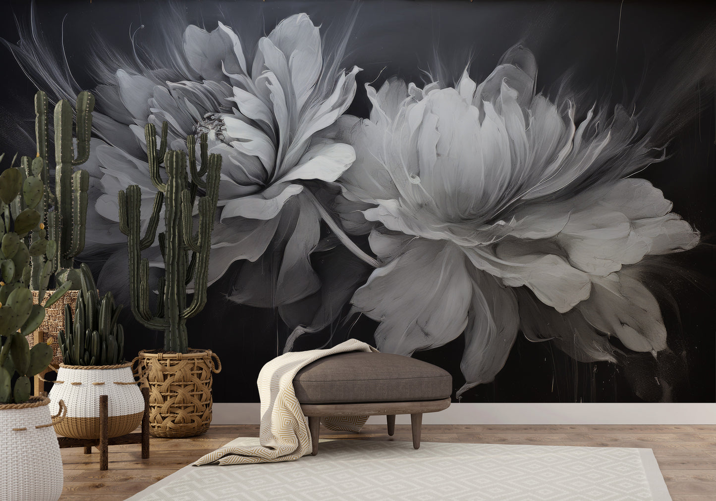 Fototapeta malowana o nazwie SILVER WHISPERING PETALS pokazana w aranżacji wnętrza.