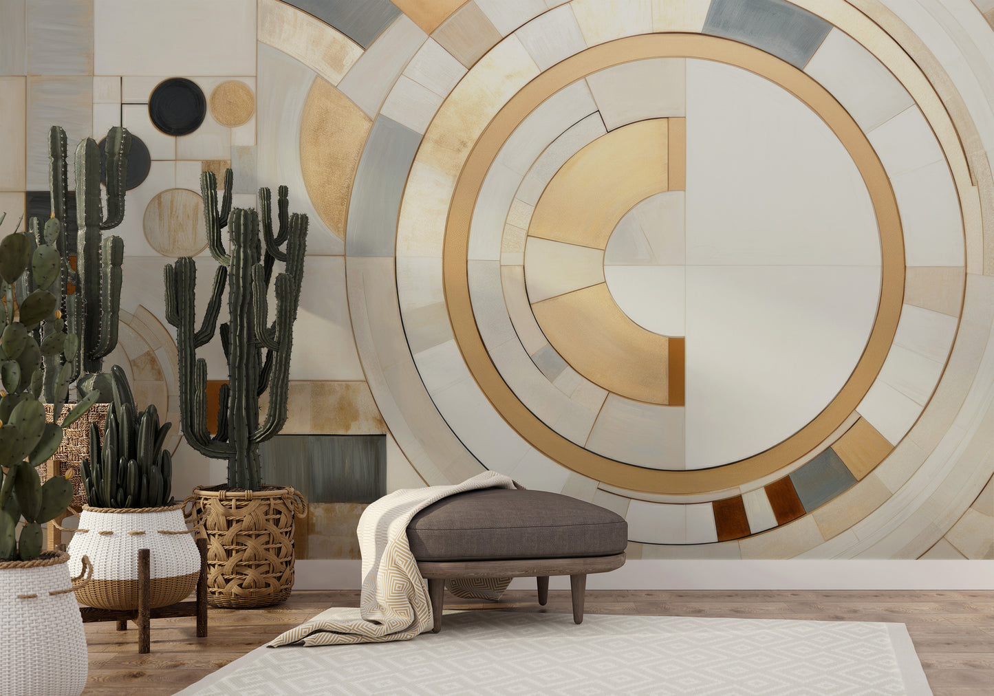 Wzór fototapety malowanej o nazwie GEOMETRIC ELEGANCE IN MONOCHROME pokazanej w aranżacji wnętrza.