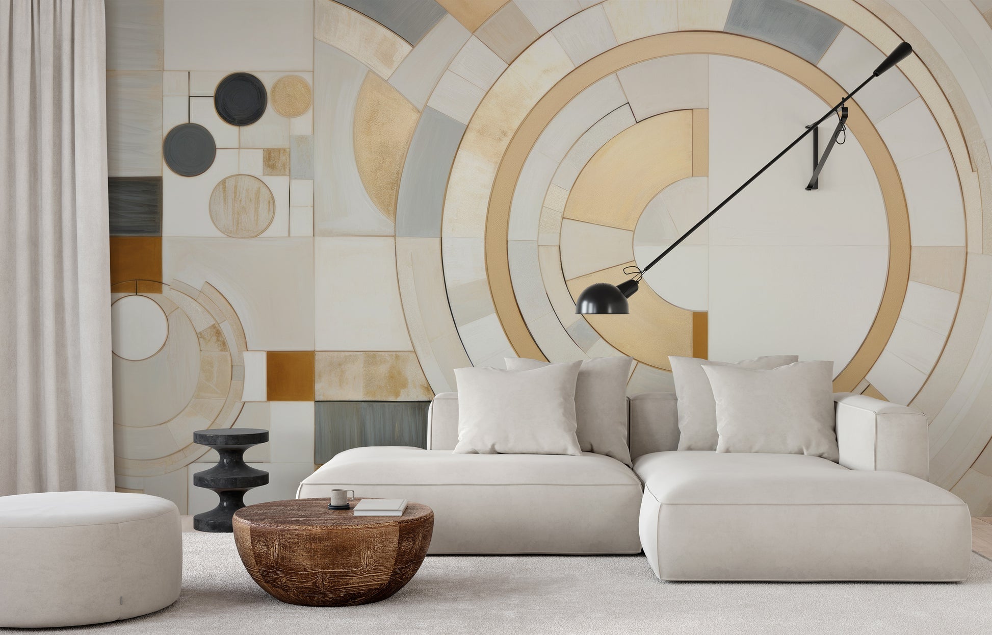 Fototapeta malowana o nazwie GEOMETRIC ELEGANCE IN MONOCHROME pokazana w aranżacji wnętrza.