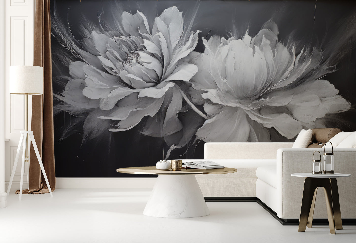 Wzór fototapety o nazwie SILVER WHISPERING PETALS pokazanej w kontekście pomieszczenia.