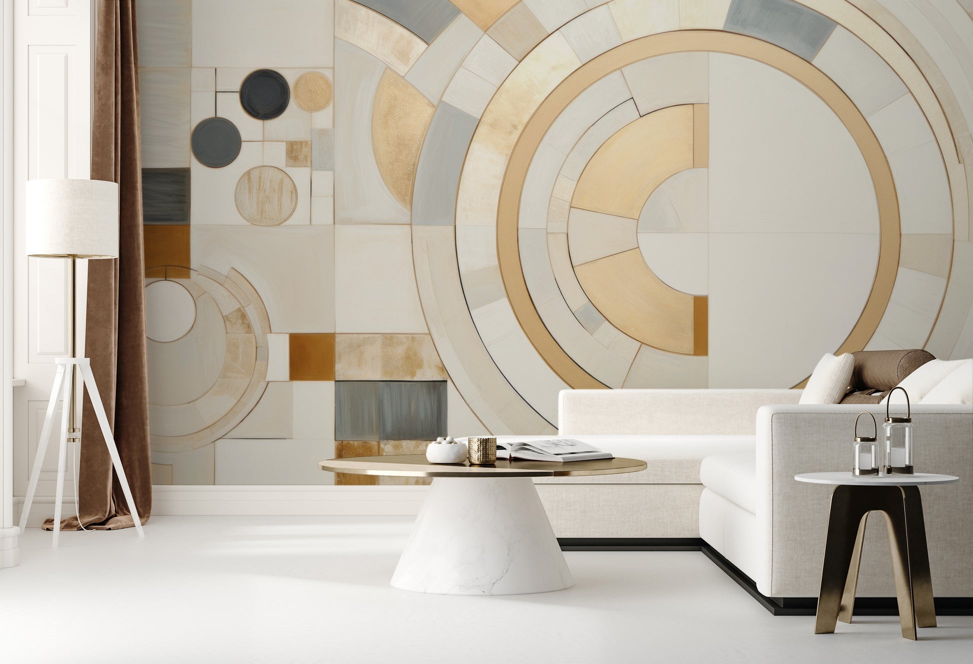 Fototapeta artystyczna o nazwie GEOMETRIC ELEGANCE IN MONOCHROME pokazana w aranżacji wnętrza.