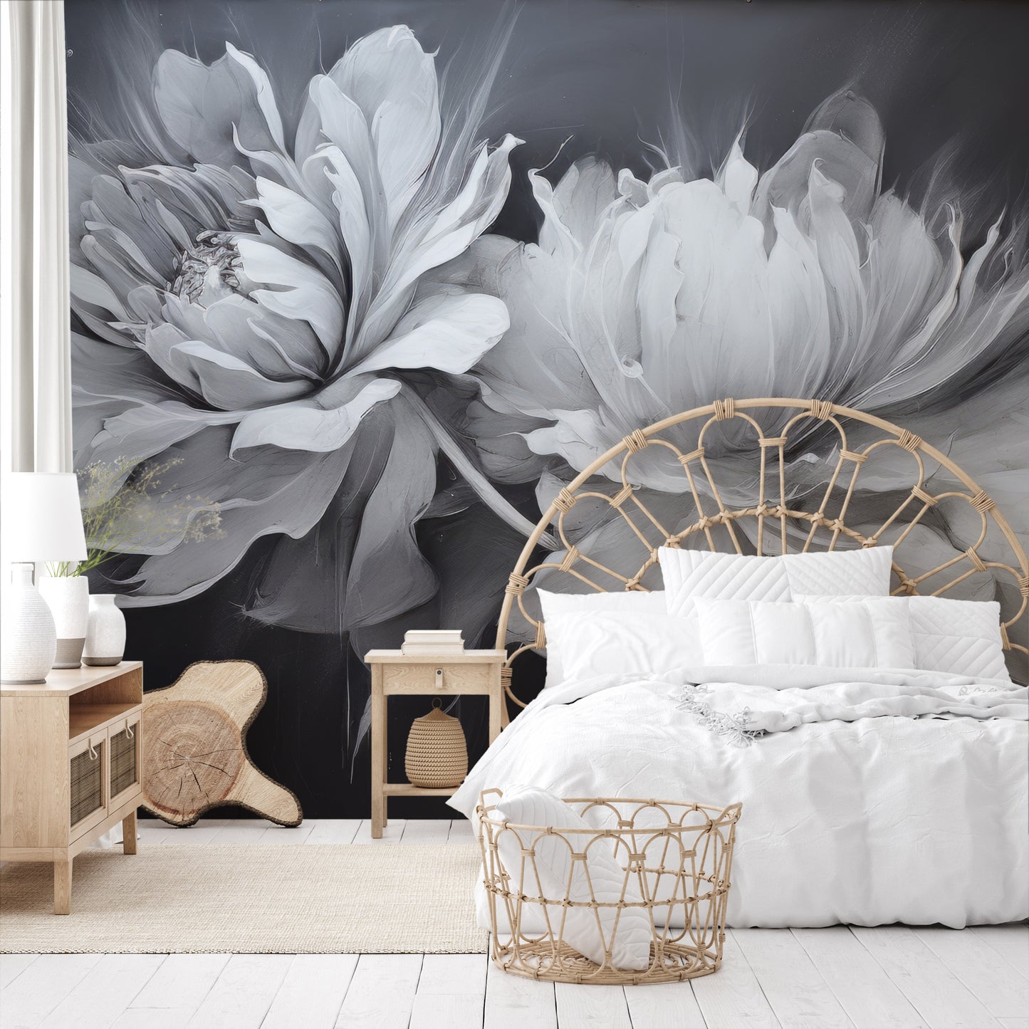Fototapeta artystyczna o nazwie SILVER WHISPERING PETALS pokazana w aranżacji wnętrza.