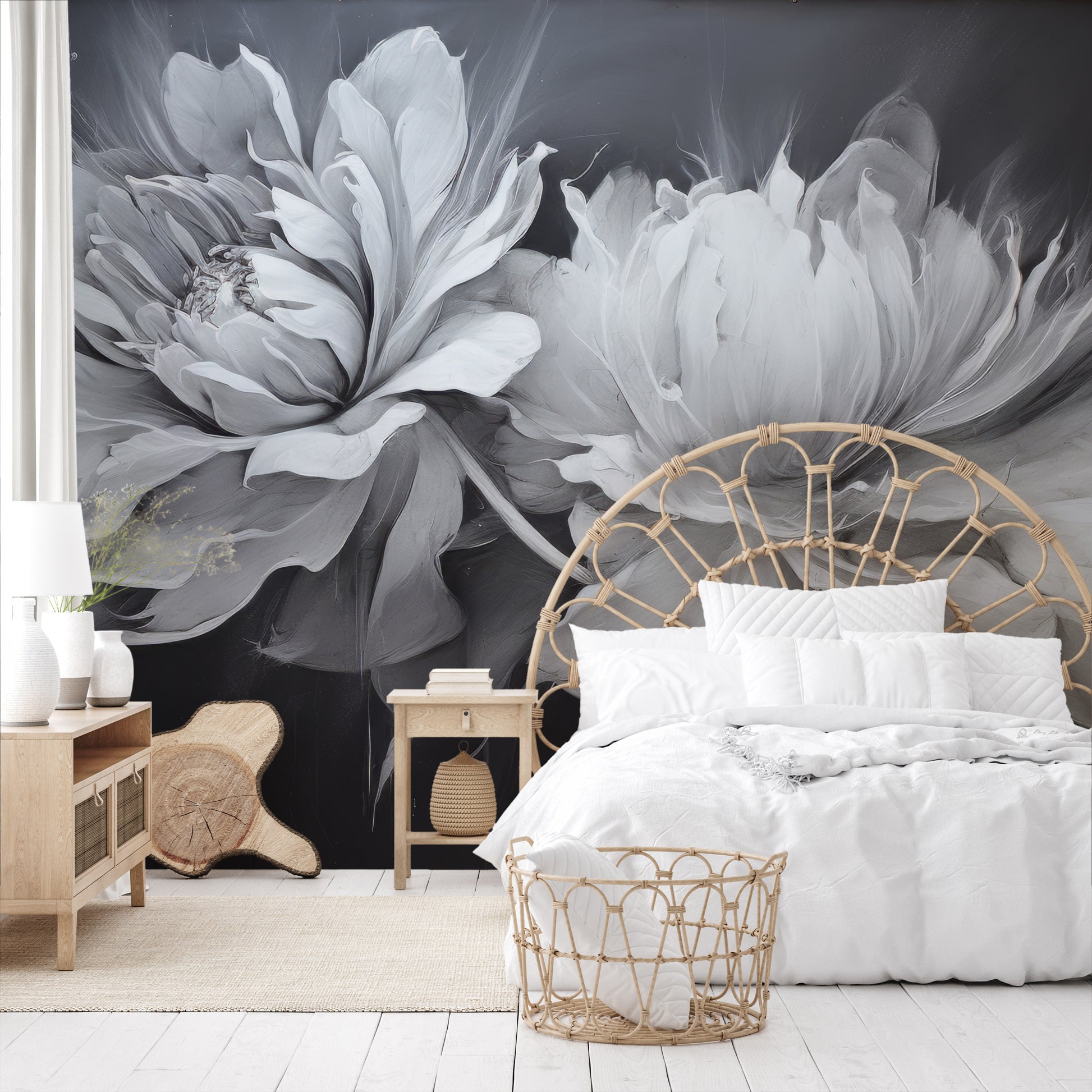 Fototapeta artystyczna o nazwie SILVER WHISPERING PETALS pokazana w aranżacji wnętrza.