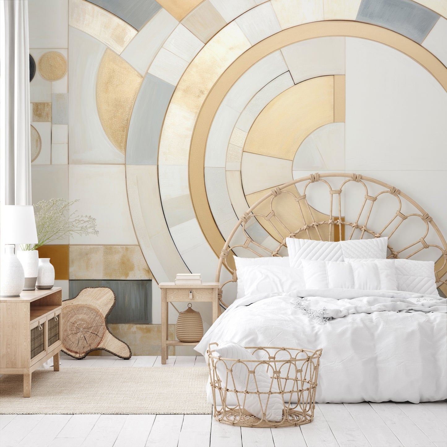 Wzór fototapety o nazwie GEOMETRIC ELEGANCE IN MONOCHROME pokazanej w kontekście pomieszczenia.