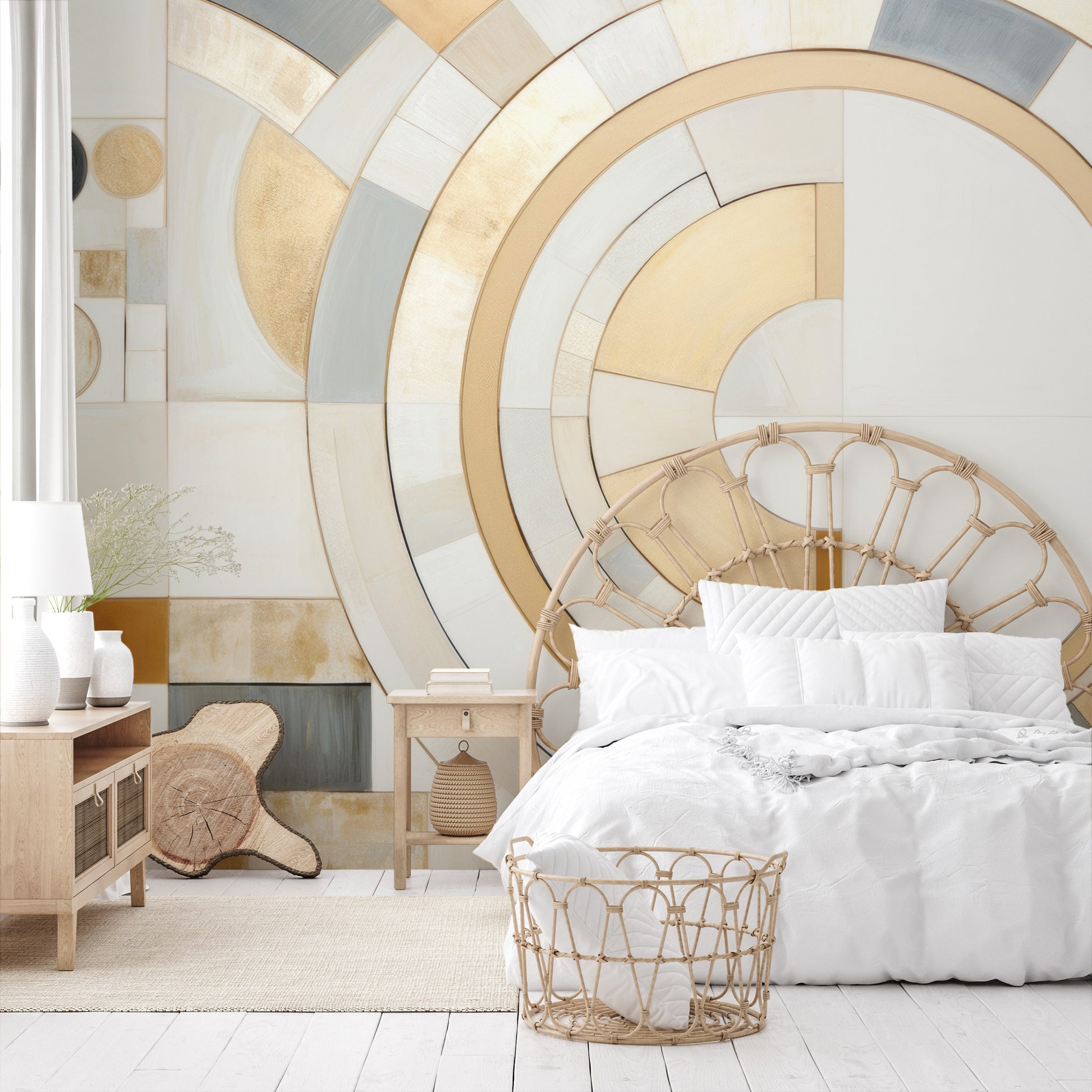 Wzór fototapety o nazwie GEOMETRIC ELEGANCE IN MONOCHROME pokazanej w kontekście pomieszczenia.